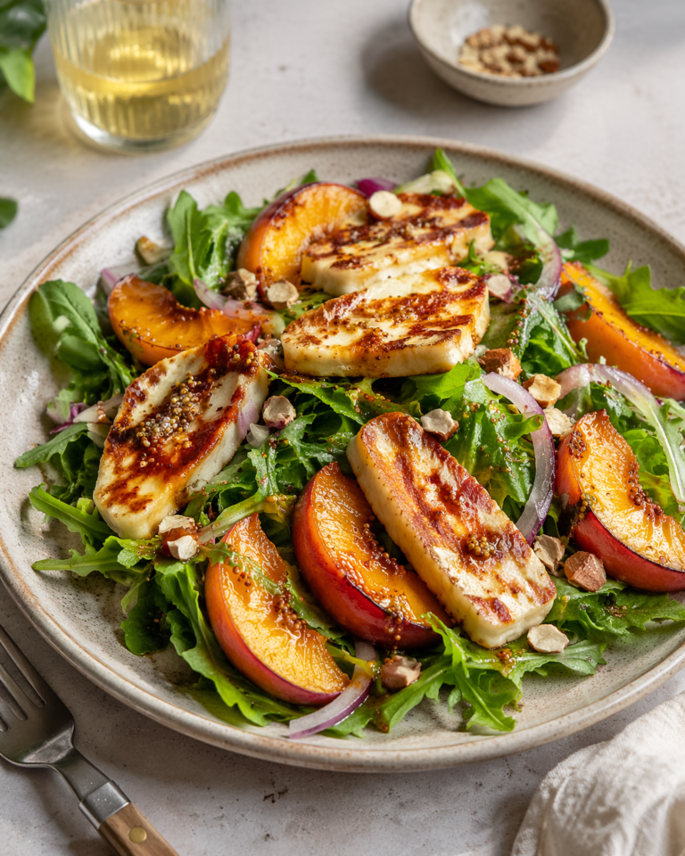 Roasted Halloumi & Caramelised Peach Salad with Honey-Mustard Dressing