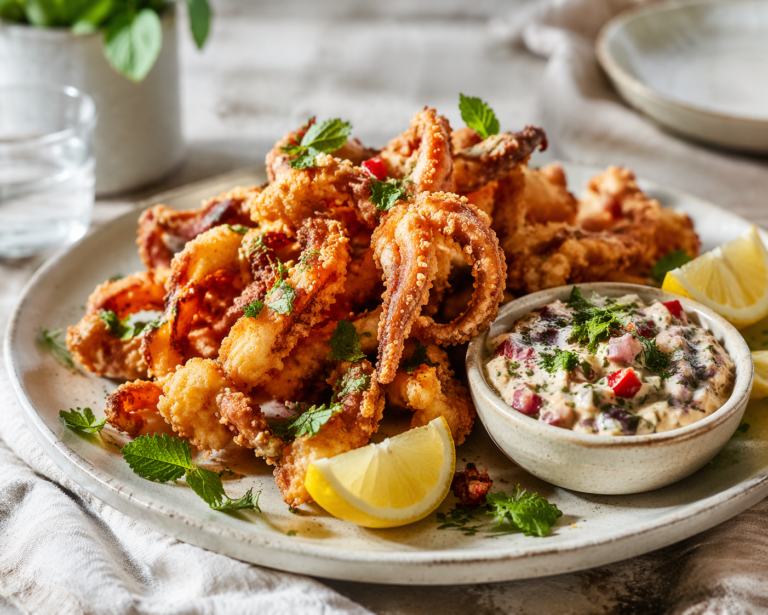 Deep-fried calamari tentacles with plum, chilli, coriander and mint tartar-style mayo